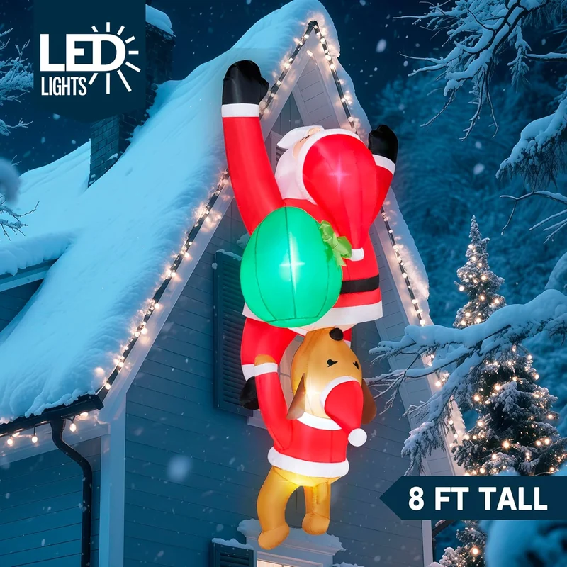 8 FT Hanging Christmas Inflatables Outdoor Decoration, Blow Up Climbing Santa w/ Dog Build-in LED Decor