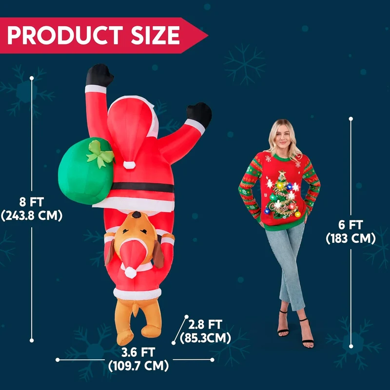 8 FT Hanging Christmas Inflatables Outdoor Decoration, Blow Up Climbing Santa w/ Dog Build-in LED Decor