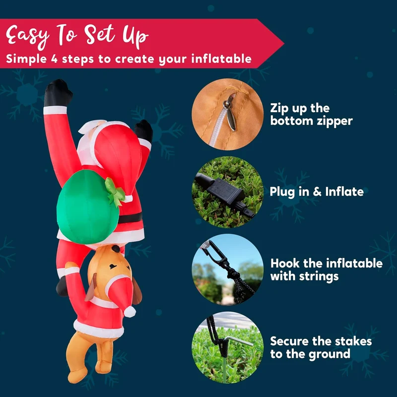 8 FT Hanging Christmas Inflatables Outdoor Decoration, Blow Up Climbing Santa w/ Dog Build-in LED Decor