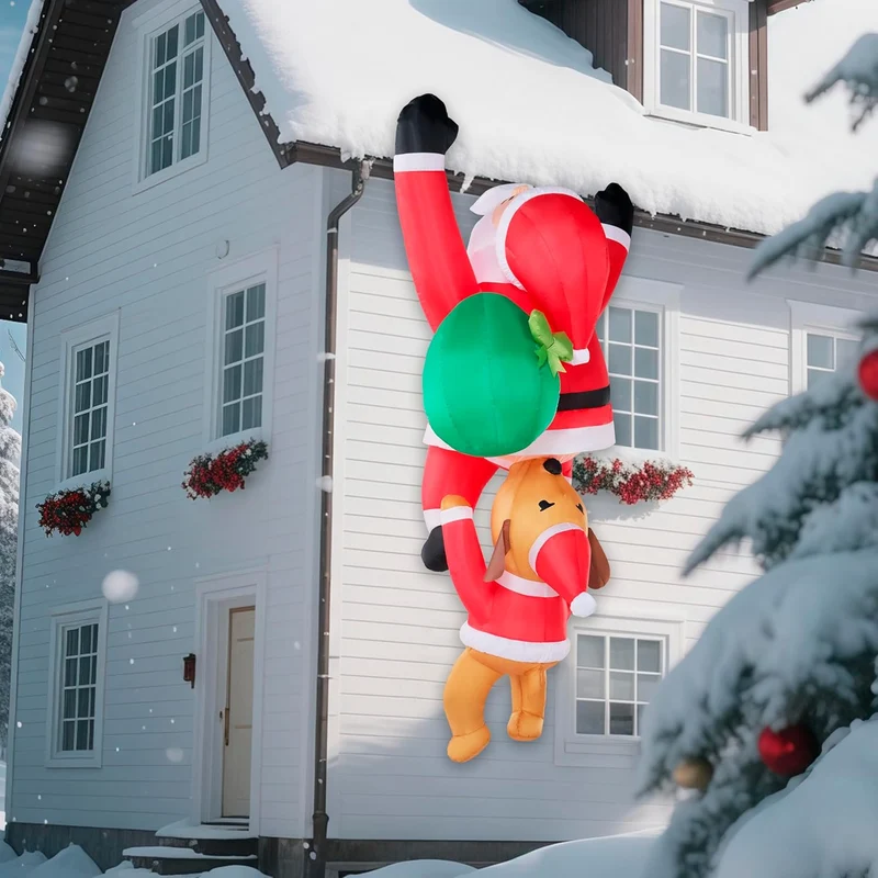 8 FT Hanging Christmas Inflatables Outdoor Decoration, Blow Up Climbing Santa w/ Dog Build-in LED Decor