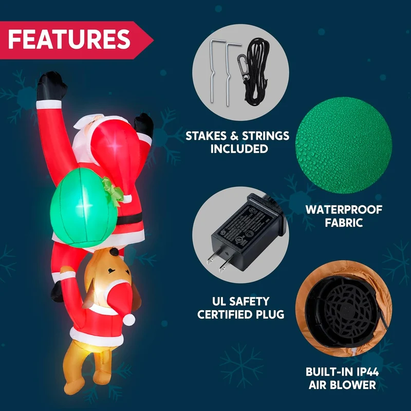 8 FT Hanging Christmas Inflatables Outdoor Decoration, Blow Up Climbing Santa w/ Dog Build-in LED Decor