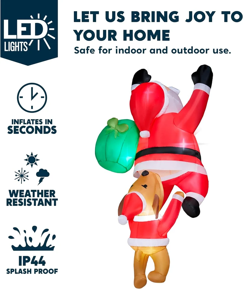 8 FT Hanging Christmas Inflatables Outdoor Decoration, Blow Up Climbing Santa w/ Dog Build-in LED Decor