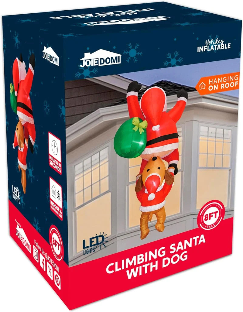 8 FT Hanging Christmas Inflatables Outdoor Decoration, Blow Up Climbing Santa w/ Dog Build-in LED Decor