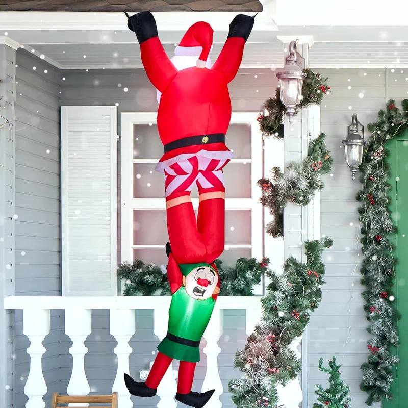 8 FT Hanging Christmas Inflatables Decoration Climbing Santa w/ Falling Elf, Blow Up Santa Build-in LEDs Decor