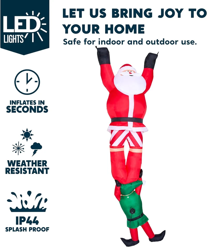 8 FT Hanging Christmas Inflatables Decoration Climbing Santa w/ Falling Elf, Blow Up Santa Build-in LEDs Decor