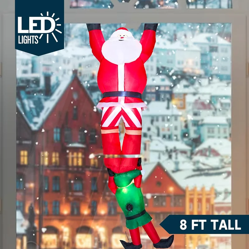 8 FT Hanging Christmas Inflatables Decoration Climbing Santa w/ Falling Elf, Blow Up Santa Build-in LEDs Decor