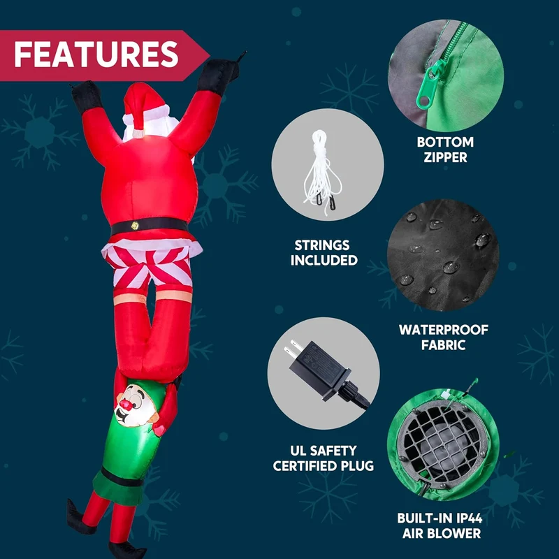 8 FT Hanging Christmas Inflatables Decoration Climbing Santa w/ Falling Elf, Blow Up Santa Build-in LEDs Decor