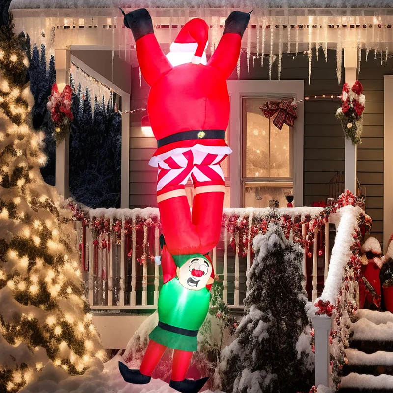 8 FT Hanging Christmas Inflatables Decoration Climbing Santa w/ Falling Elf, Blow Up Santa Build-in LEDs Decor
