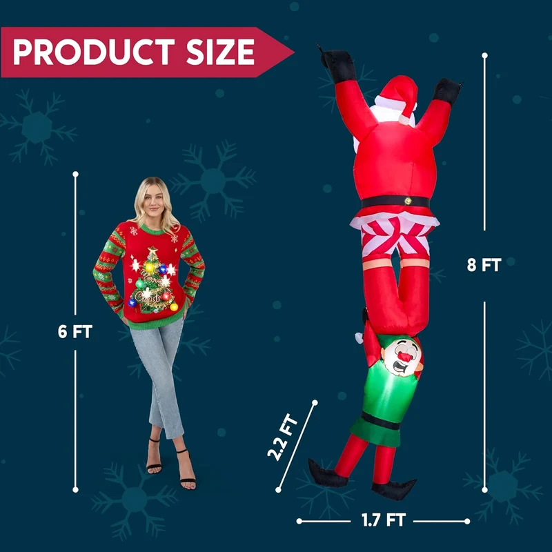 8 FT Hanging Christmas Inflatables Decoration Climbing Santa w/ Falling Elf, Blow Up Santa Build-in LEDs Decor