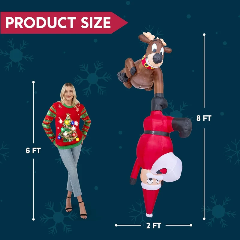 8 FT Hanging Christmas Inflatables Decoration Reindeer and Climbing Santa, Blow Up Santa with Build-in LED for Xmas Party Indoor, Outdoor, Yard, Garden, Lawn Decor