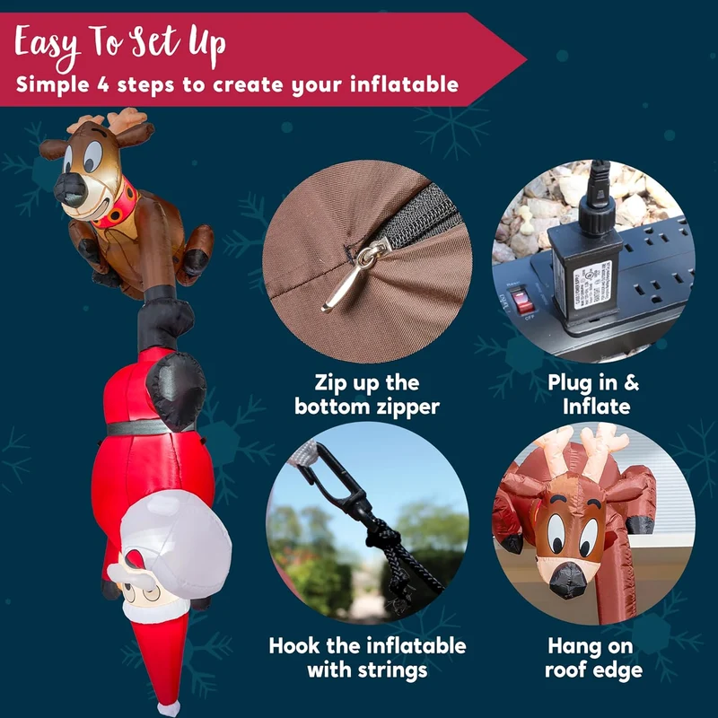 8 FT Hanging Christmas Inflatables Decoration Reindeer and Climbing Santa, Blow Up Santa with Build-in LED for Xmas Party Indoor, Outdoor, Yard, Garden, Lawn Decor