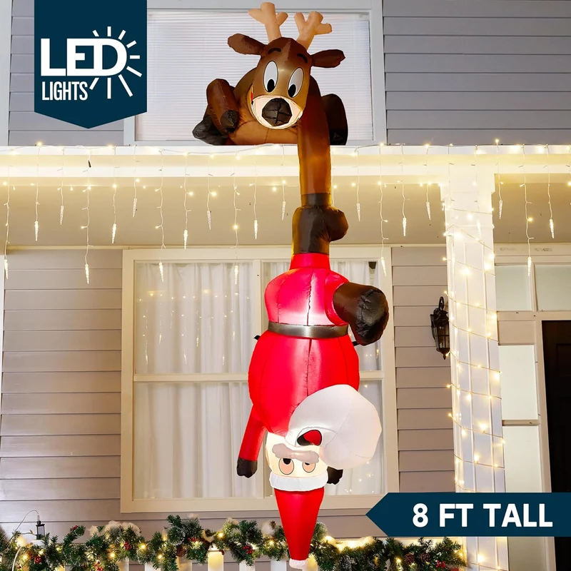 8 FT Hanging Christmas Inflatables Decoration Reindeer and Climbing Santa, Blow Up Santa with Build-in LED for Xmas Party Indoor, Outdoor, Yard, Garden, Lawn Decor