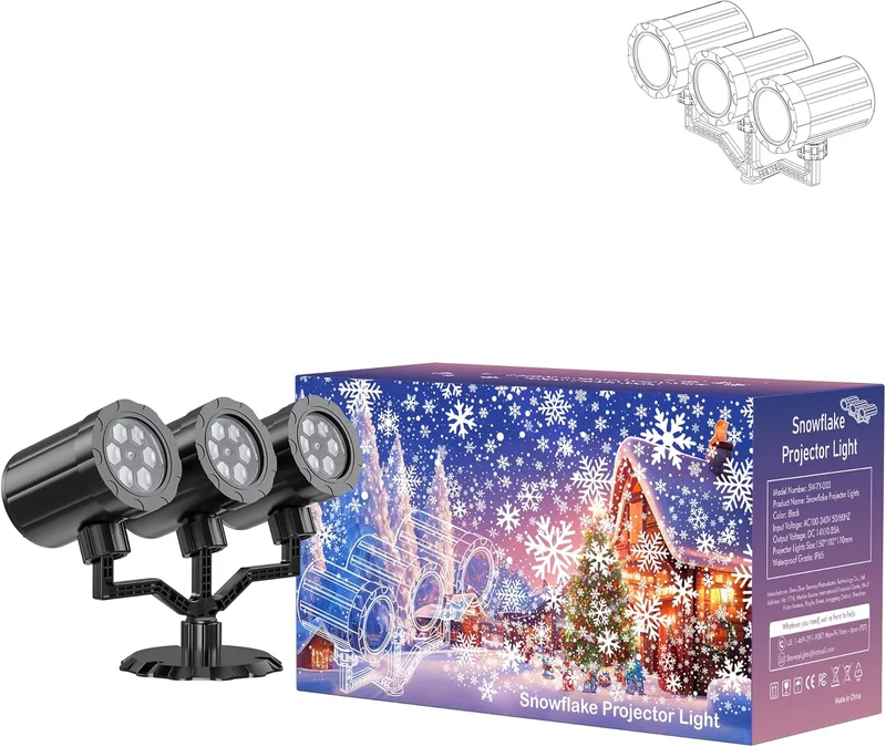 Christmas Three Head Snowflake Projector Upgraded Multi-Mode 360°Rotating, Waterproof Holiday Decorations - White