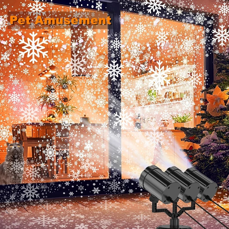 Christmas Three Head Snowflake Projector Upgraded Multi-Mode 360°Rotating, Waterproof Holiday Decorations - White