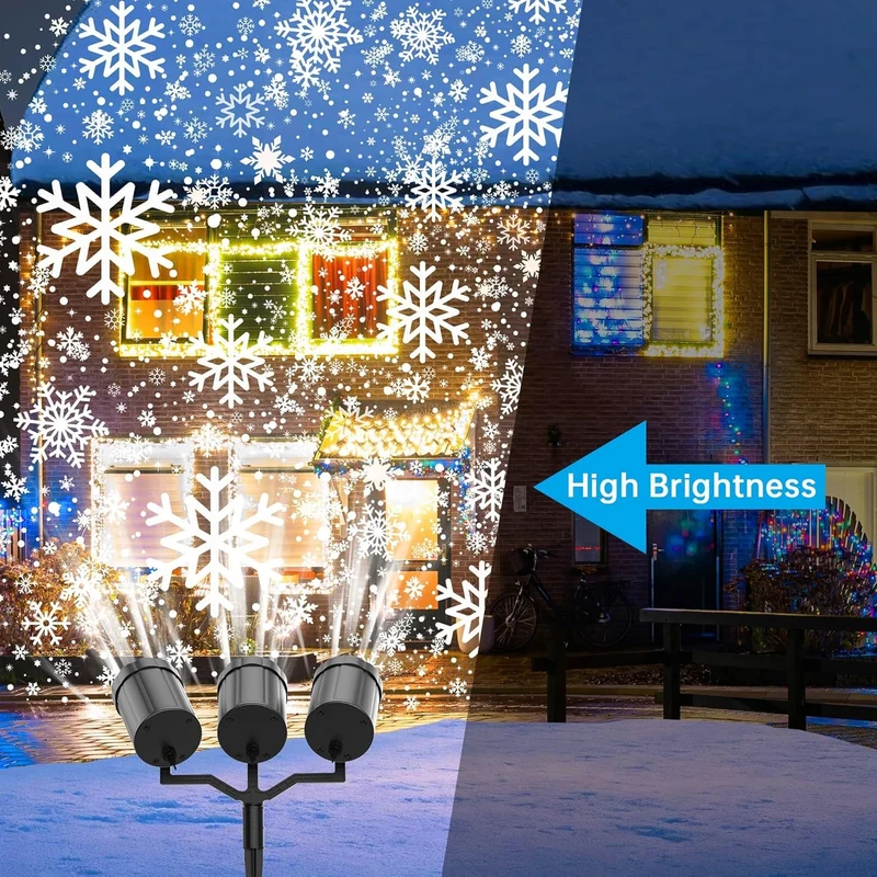 Christmas Three Head Snowflake Projector Upgraded Multi-Mode 360°Rotating, Waterproof Holiday Decorations - White