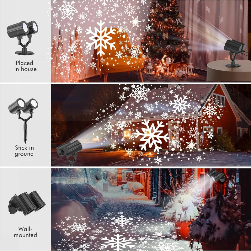 Christmas Double Head Snowflake Projector Upgraded Multi-Mode, High Brightness, 360°Rotating, Waterproof - White