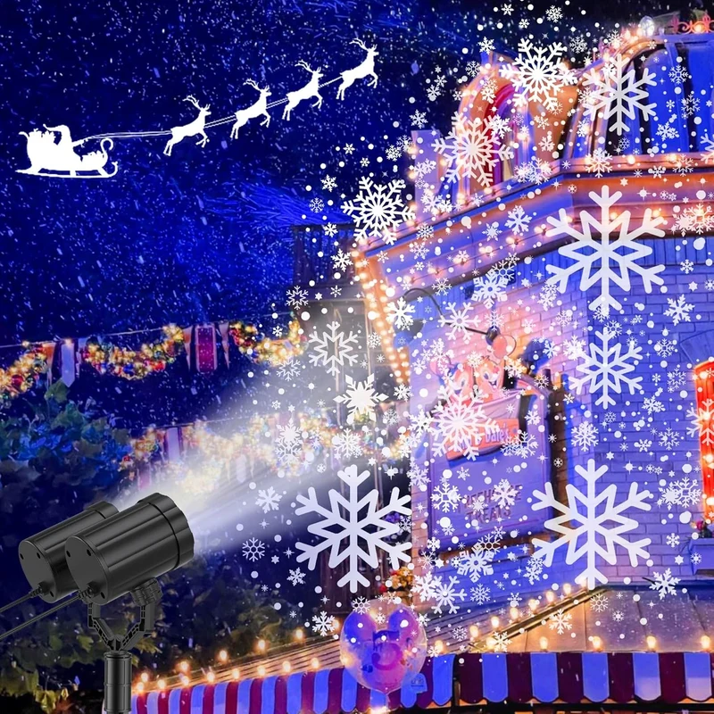 Christmas Double Head Snowflake Projector Upgraded Multi-Mode, High Brightness, 360°Rotating, Waterproof - White