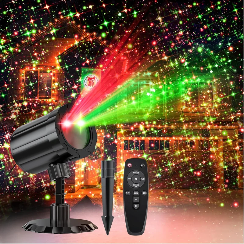 Christmas Projector Lights Red & Green Starlight 3 Modes w/ Remote and Timer Projection Lights, IP65 Waterproof