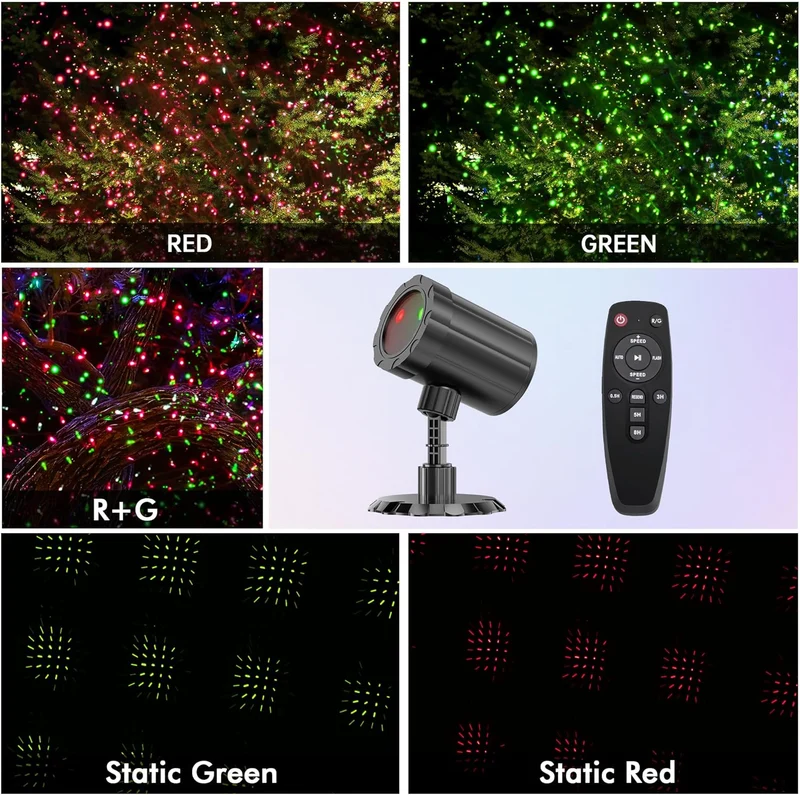 Christmas Projector Lights Red & Green Starlight 3 Modes w/ Remote and Timer Projection Lights, IP65 Waterproof