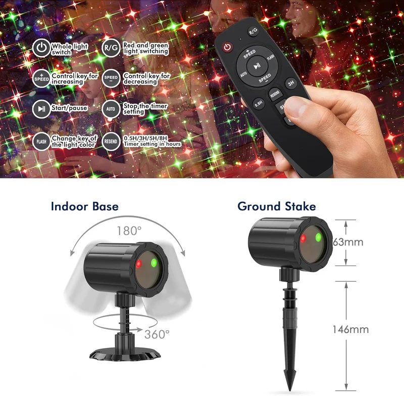 Christmas Projector Lights Red & Green Starlight 3 Modes w/ Remote and Timer Projection Lights, IP65 Waterproof