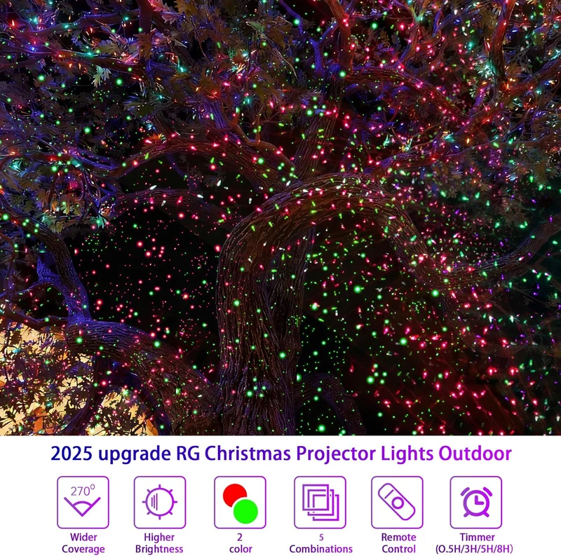 Christmas Projector Lights Red & Green Starlight 3 Modes w/ Remote and Timer Projection Lights, IP65 Waterproof