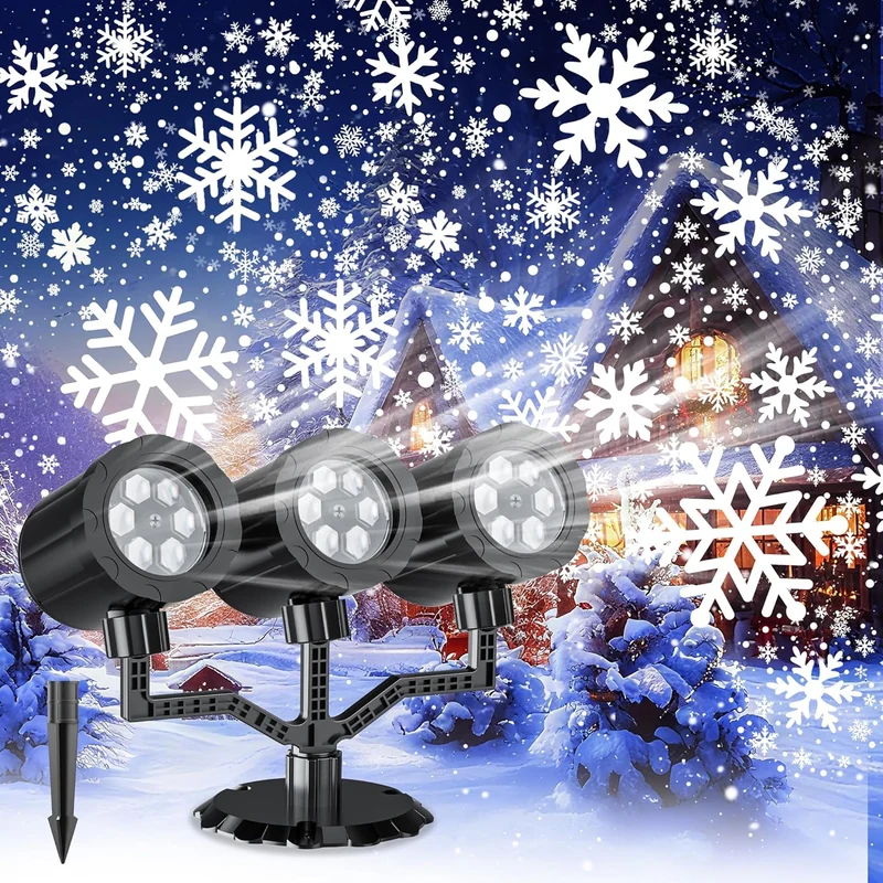 Christmas Projector Lights Upgraded Snowflake Projector, IP65 Waterproof 360°Rotating LED Projection Lights Decor-Three-Head