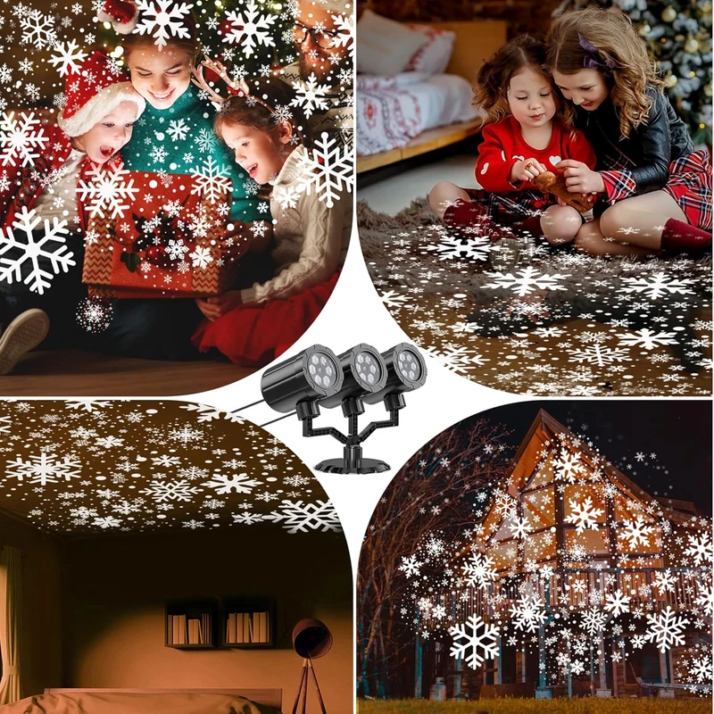 Christmas Projector Lights Upgraded Snowflake Projector, IP65 Waterproof 360°Rotating LED Projection Lights Decor-Three-Head