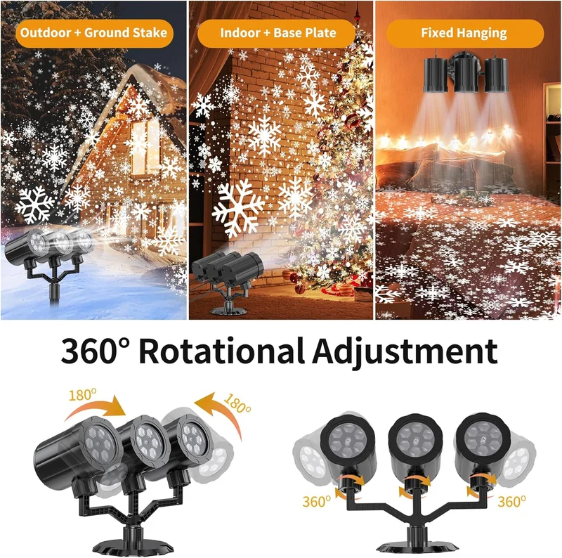 Christmas Projector Lights Upgraded Snowflake Projector, IP65 Waterproof 360°Rotating LED Projection Lights Decor-Three-Head