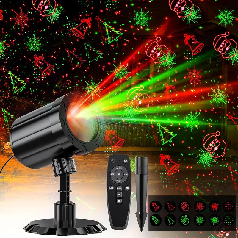 Christmas Projector Lights Red & Green Christmas Pattern Projector w/ Remote & Timer, IP65 Waterproof