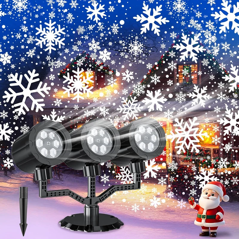 Christmas Projector Lights Upgraded Snowflake Projector IP65 Waterproof LED Snow Projection Lights Decor-Three-Head