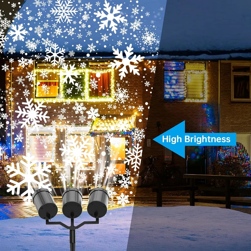 Christmas Projector Lights Upgraded Snowflake Projector IP65 Waterproof LED Snow Projection Lights Decor-Three-Head