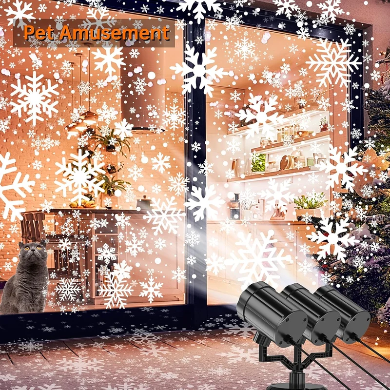 Christmas Projector Lights Upgraded Snowflake Projector IP65 Waterproof LED Snow Projection Lights Decor-Three-Head