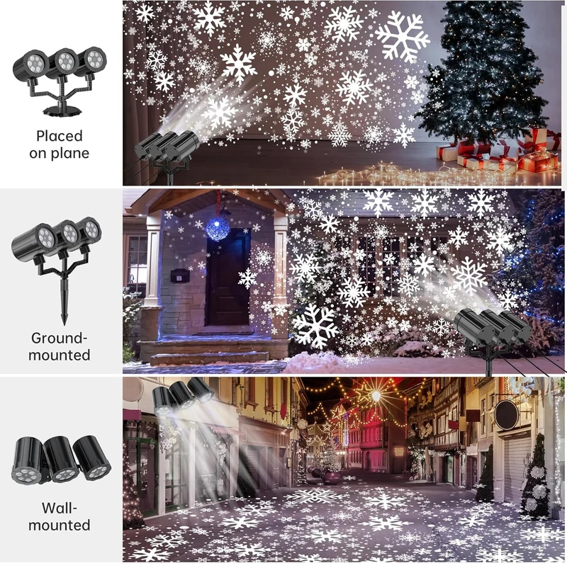 Christmas Projector Lights Upgraded Snowflake Projector IP65 Waterproof LED Snow Projection Lights Decor-Three-Head