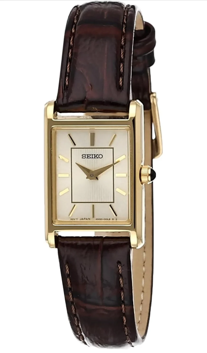 SEIKO Essentials Watch Water Resistant with Stainless Steel Rectangular Case and Leather Strap - CHAMPAGNE