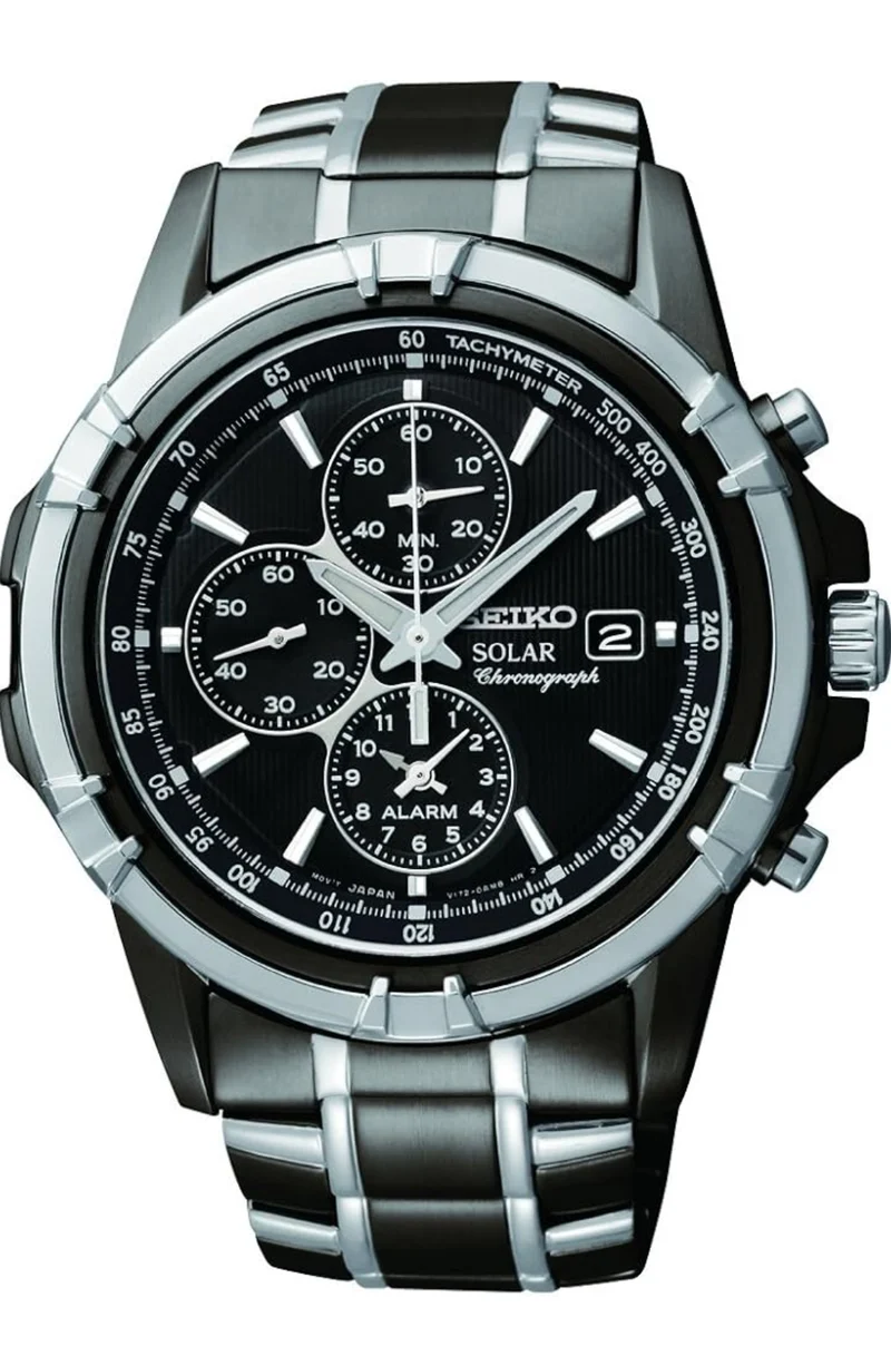 SEIKO Watch with Solar Chronograph, Date Calendar, and LumiBrite Hands, Stainless Steel and Water-Resistant to 100m -BLACK