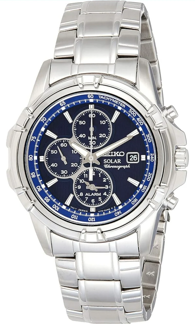 SEIKO Watch w/ Solar Chronograph, Date Calendar, and LumiBrite Hands, Stainless Steel and Water-Resistant to 100m - BLUE
