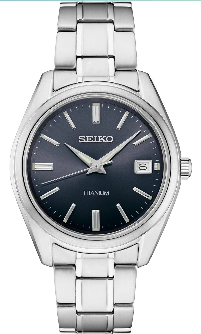 Seiko Watch for Men Blue Dial w/ Sunray Finish, Date Calendar, Titanium Case & Bracelet, Sapphire Crystal, and 100m Water Resistant - NEW