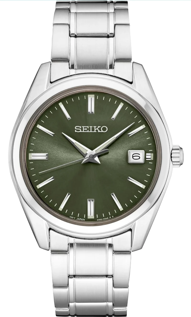 SEIKO Men's Quartz Watch - Green Dial with Date, Stainless Steel Bracelet, 100M Water Resistant - NEW