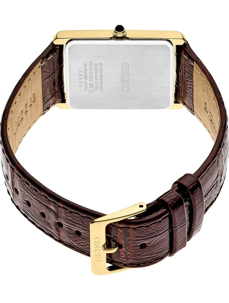 Seiko Essentials Watch Water Resistant w/ Stainless Steel Rectangular Case and Leather Strap - Champagne