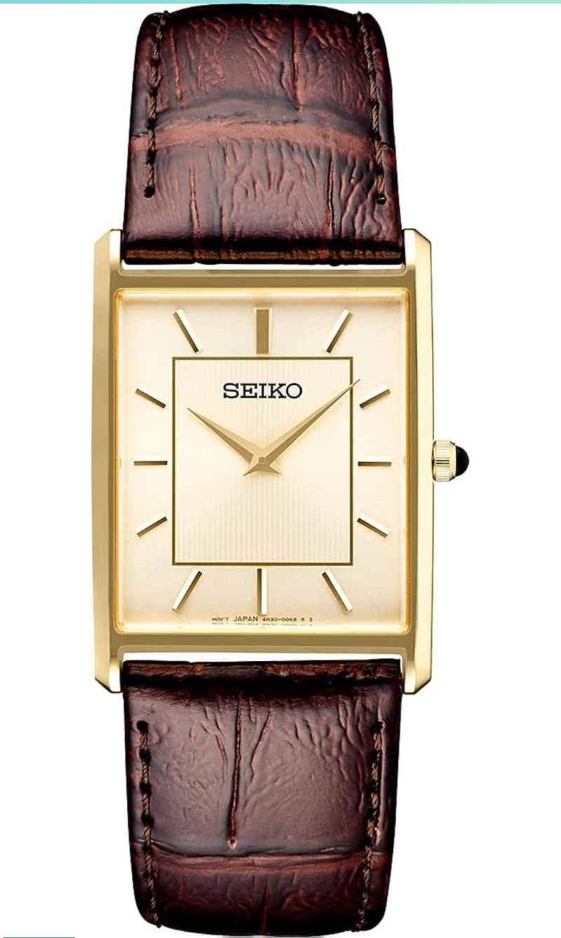 Seiko Essentials Watch Water Resistant w/ Stainless Steel Rectangular Case and Leather Strap - Champagne