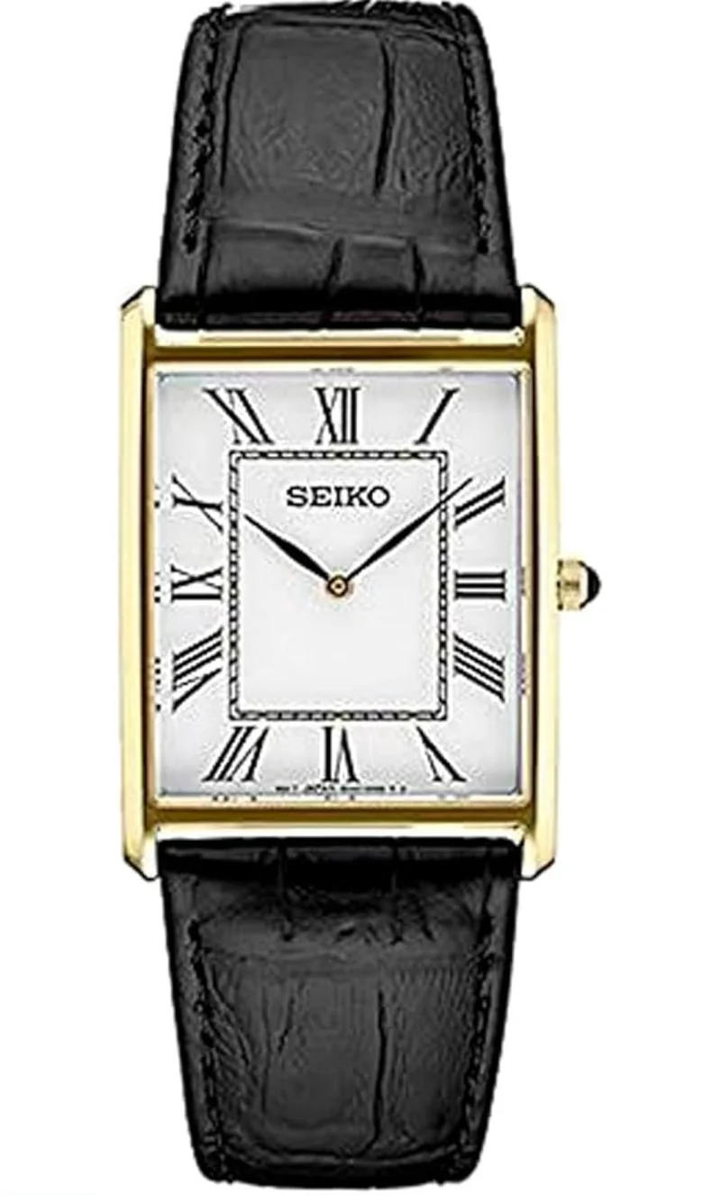 Seiko Essentials Watch Water Resistant w/ Stainless Steel Rectangular Case and Leather Strap - White