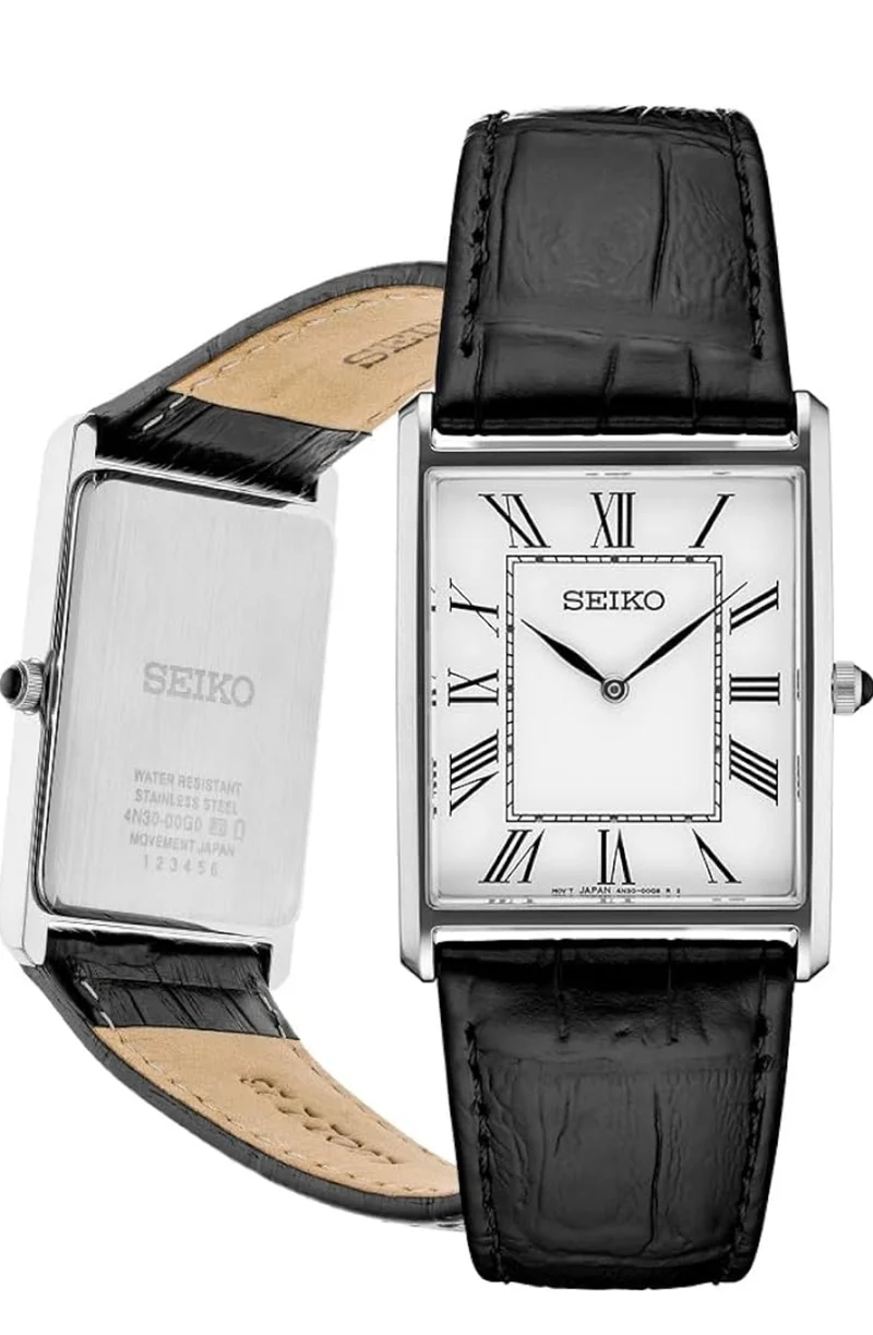 Seiko Essentials Watch Water Resistant w/ Stainless Steel Rectangular Case and Leather Strap