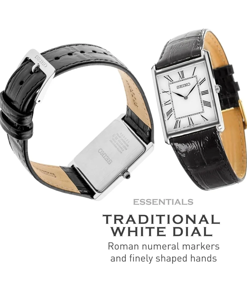 Seiko Essentials Watch Water Resistant w/ Stainless Steel Rectangular Case and Leather Strap