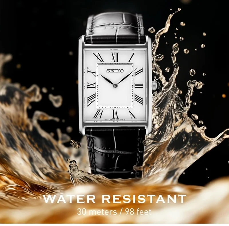 Seiko Essentials Watch Water Resistant w/ Stainless Steel Rectangular Case and Leather Strap
