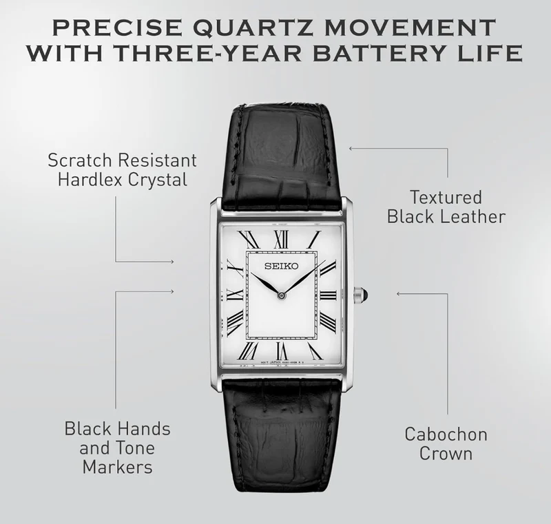 Seiko Essentials Watch Water Resistant w/ Stainless Steel Rectangular Case and Leather Strap