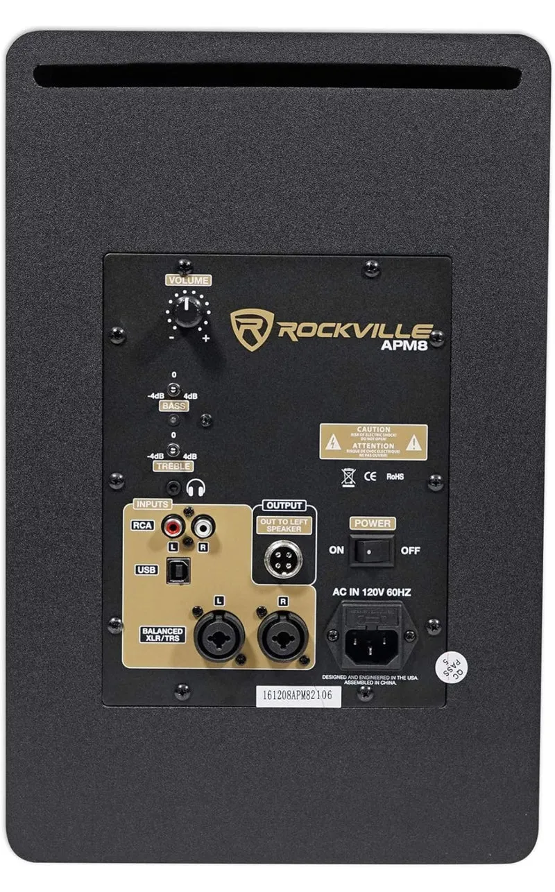 Rockville APM8B 8" 2-Way 500W Active/Powered USB Studio Monitor Speakers Pair