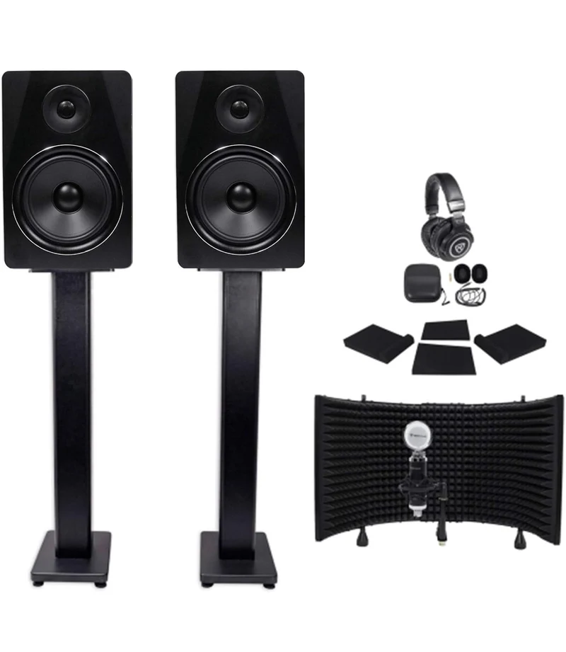 Rockville Pair APM8B 8" 500w Studio Monitors+Stands+Pads+ Headphones+Mic and Shield