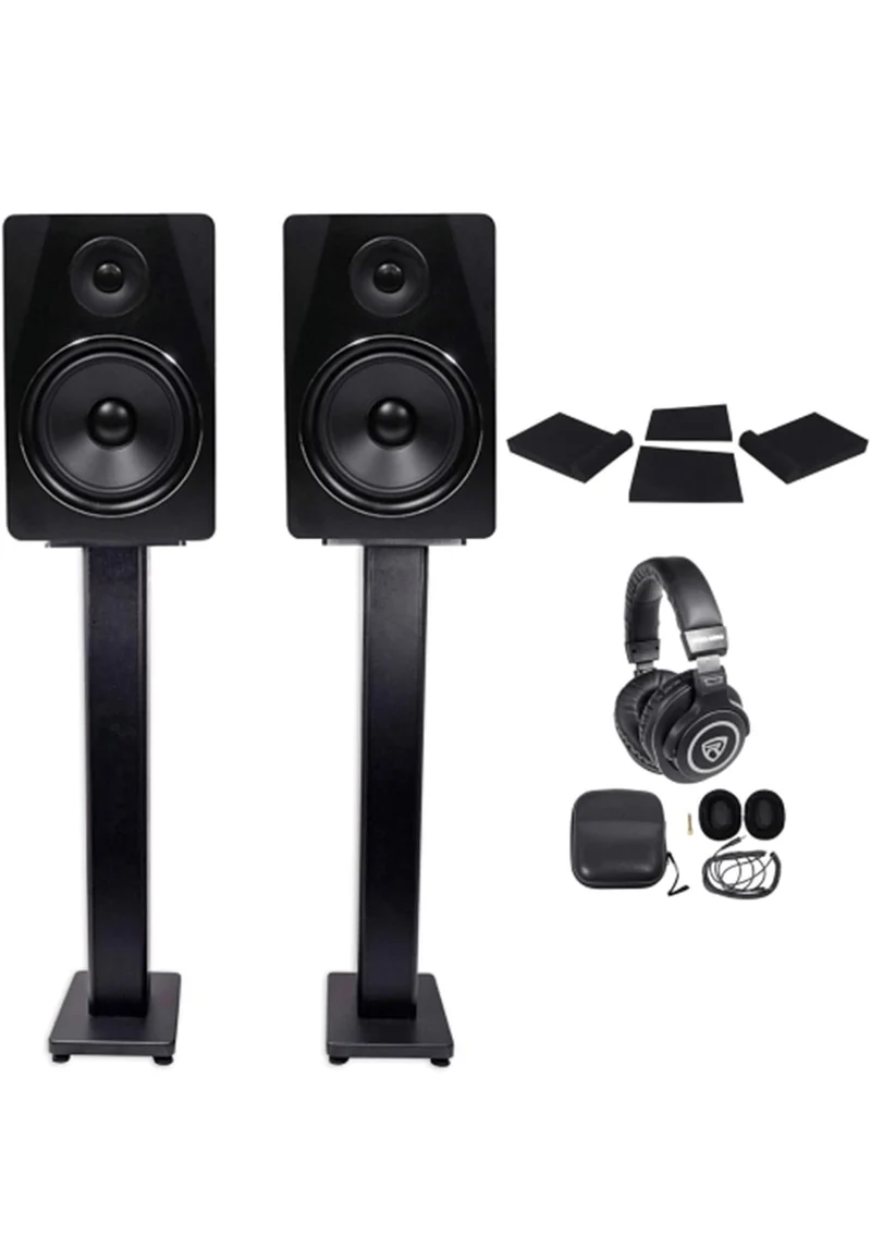 Rockville 2 APM8B 8" 500W Powered Studio Monitors+Stands+Pads and Headphones