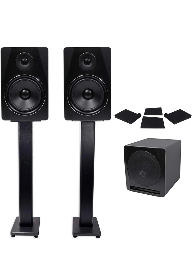 Rockville (2) APM8B 8" Powered Studio Monitors+Active 10" Subwoofer+Stands and Pads