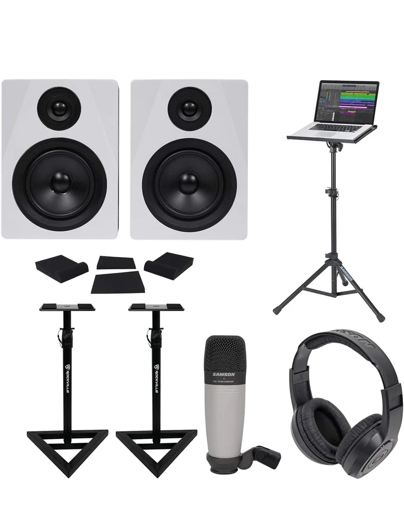 Rockville (2) 5.25" 250w Powered Studio Monitors+Stands+Headphones+Mic+Foam Pads